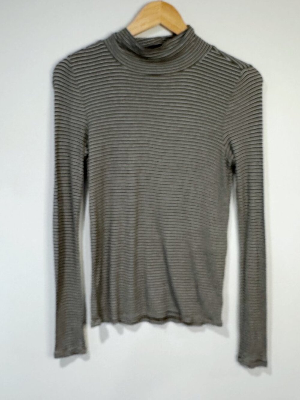 American Eagle Soft & Sexy Ribbed Mock Neck Long Sleeve Top Olive White Stripe S